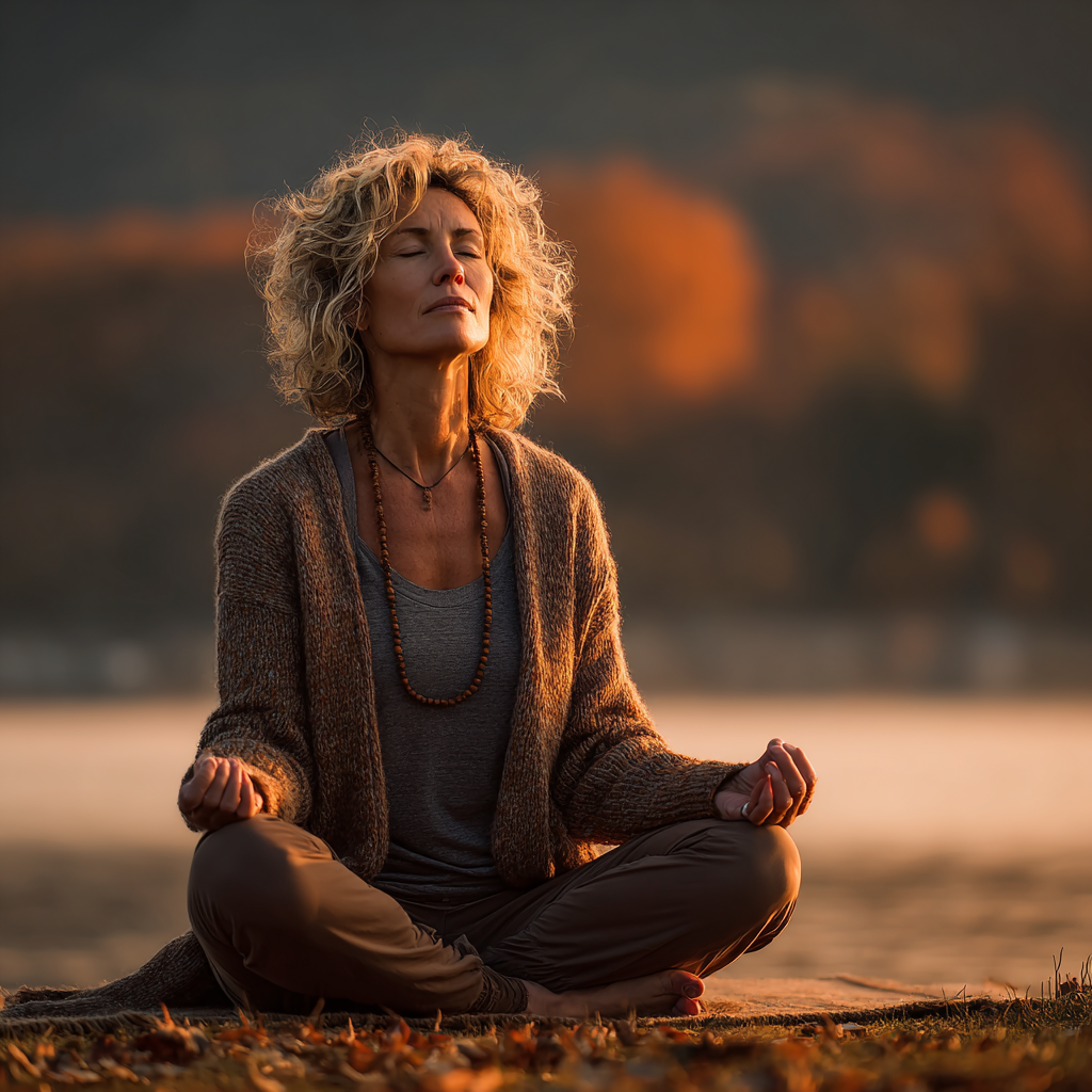 Mature woman in her 50s practicing yoga poses in a peaceful natural setting with soft morning light